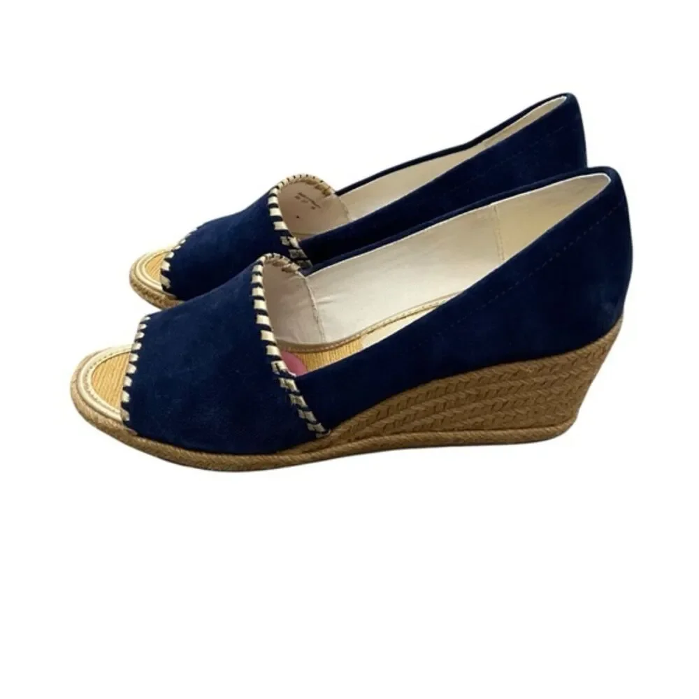 Jack Rogers Palmer Espadrille Peep Toe Wedge Navy Blue Faux Suede Size 9M